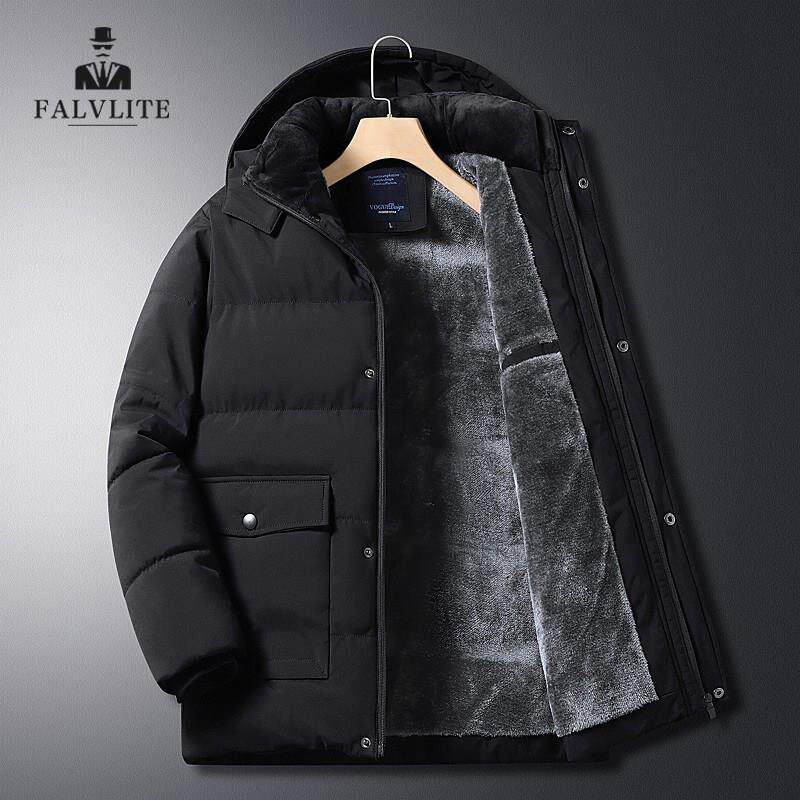 FALVLITE秋冬季加绒加厚棉衣男士外套棉服拉炼中长款棉袄保暖冬装