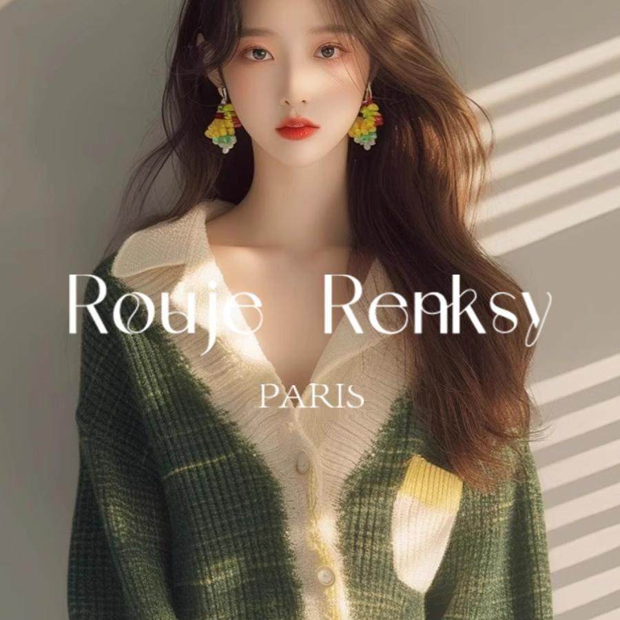 法国rouje renksy高级感绿色拼色V领针织开衫女洋气宽松长袖毛衣,女装/女士精品,大码内搭,淘宝优惠券,粉丝福利购,淘宝优惠卷