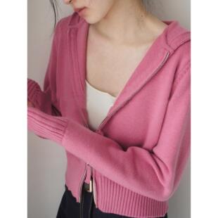 法式Rouje Runway树莓粉连帽针织开衫女双拉炼设计感短款毛衣外套