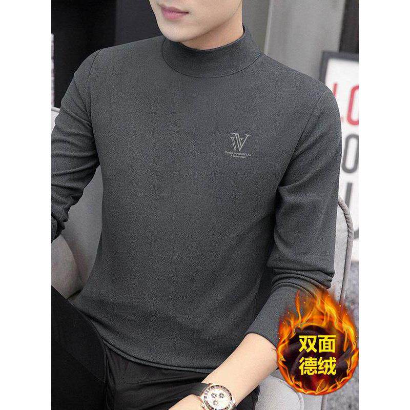 德绒半高领男士长袖t恤秋冬季加绒加厚保暖打底衫内搭中领上衣服