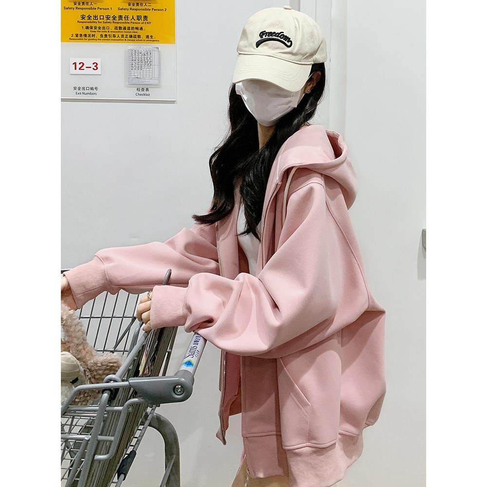 IT UNDER GARDEN 粉色韩系连帽秋季上衣女拉链休闲慵懒风宽松卫衣