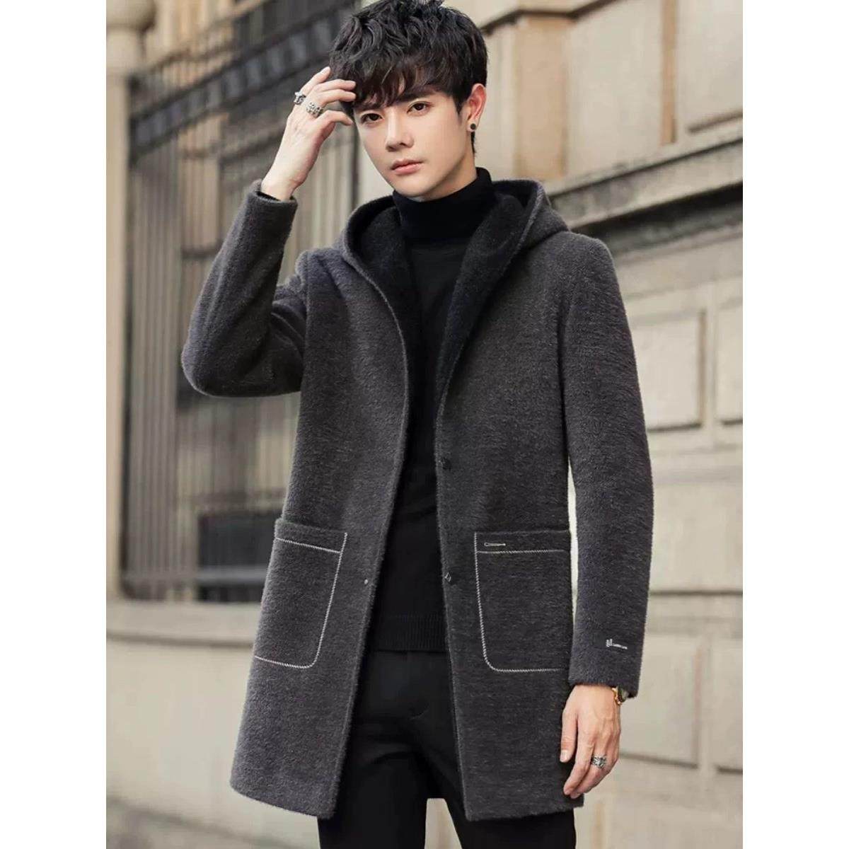 水貂绒毛呢大衣男中长款连帽修身冬季新款男士加厚休闲风衣外套潮,男装,毛呢大衣,淘宝优惠券,粉丝福利购,淘宝优惠卷