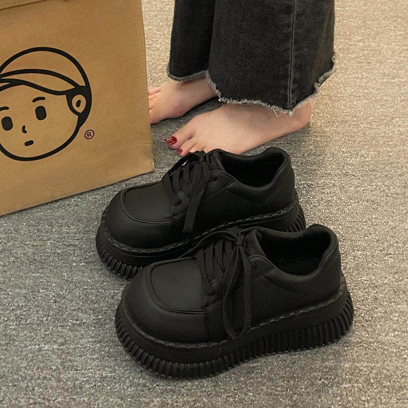 韩版潮牌小皮鞋子新款2025女松糕厚底乐福鞋秋季黑色运动休闲鞋