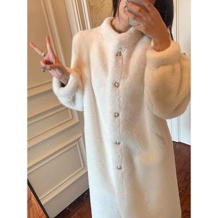 韩国女冬季 阔太奶白立领水貂绒外套高级贵气皮毛一体中长皮草大衣
