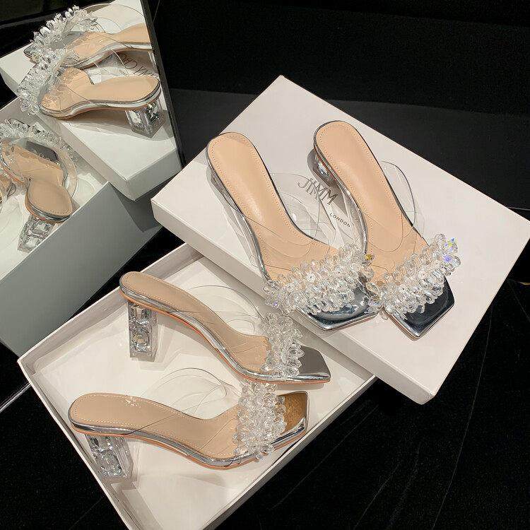 意大利Raraente~ 水晶粗跟透明凉拖鞋鞋外穿水钻方头仙女风高跟拖,女鞋,一字拖,淘宝优惠券,粉丝福利购,淘宝优惠卷