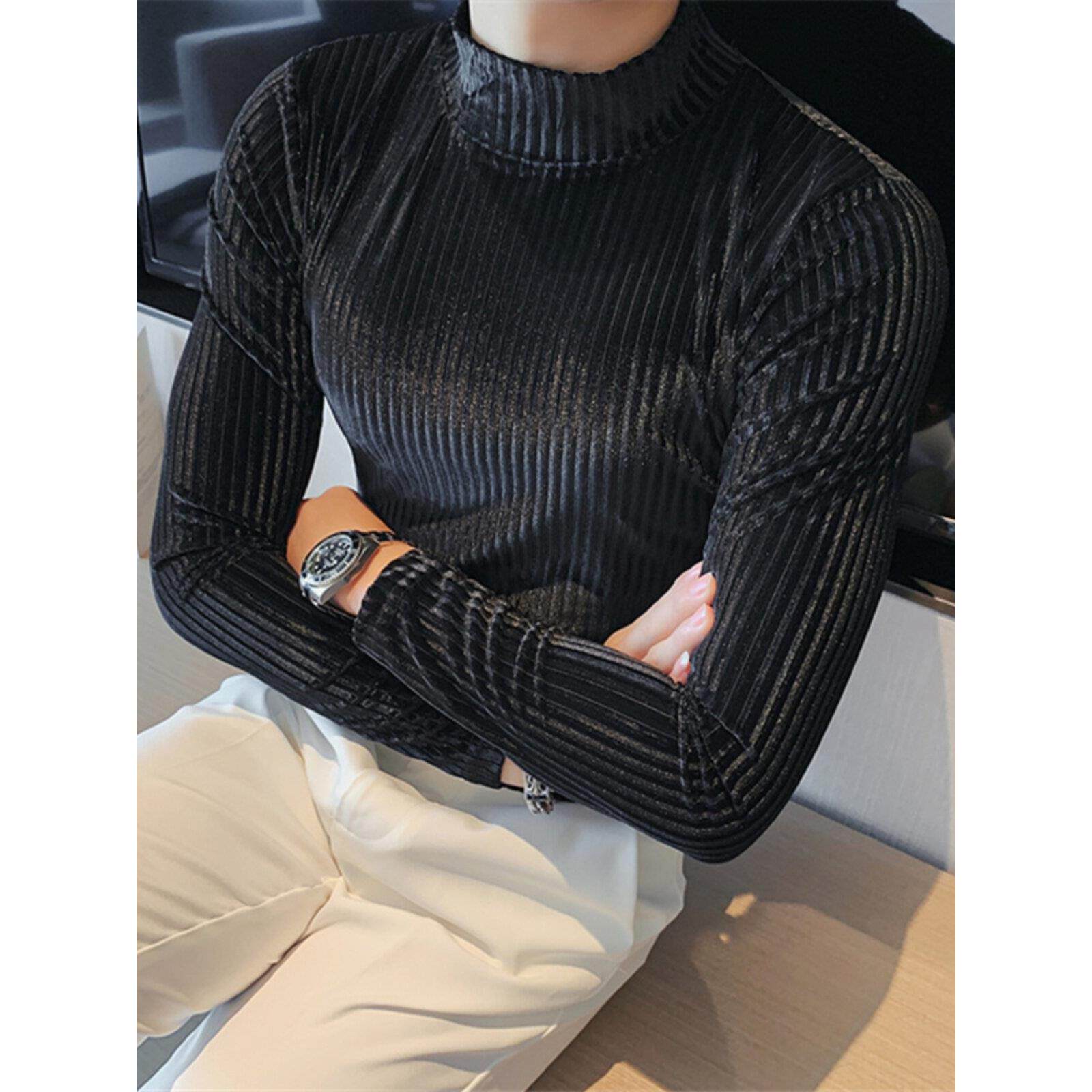 香港秋冬款半高领修身打底衫男士条纹长袖t恤金丝绒卫衣中领上衣