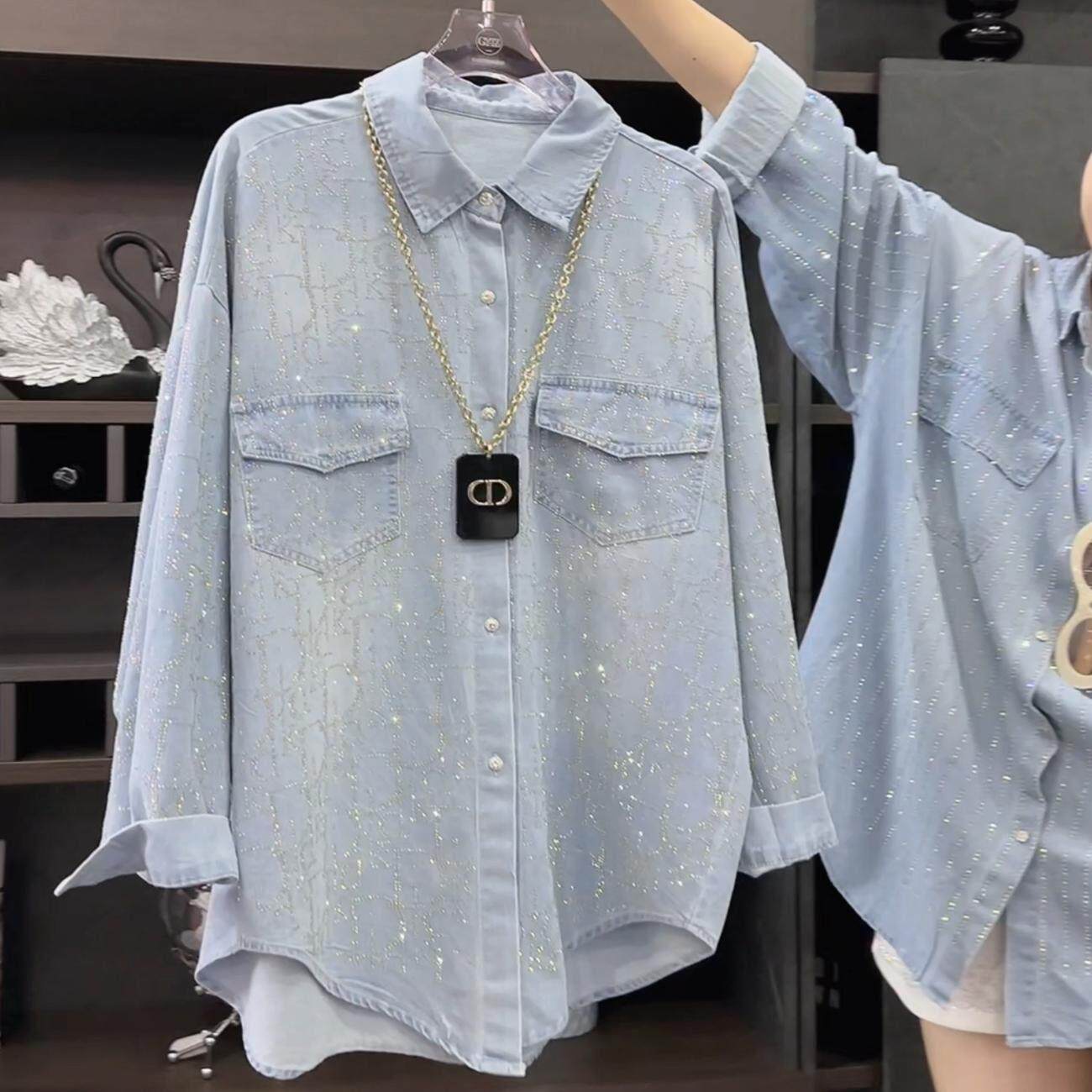 法国Rouje Dsyle 重工烫钻牛仔衬衫外套女宽松休闲风百搭长袖上衣