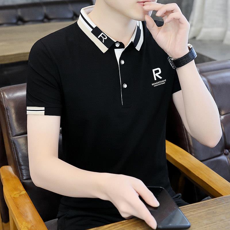 高端黑色男士短袖polo衫夏季新款纯棉印花修身薄款翻领休闲t恤帅