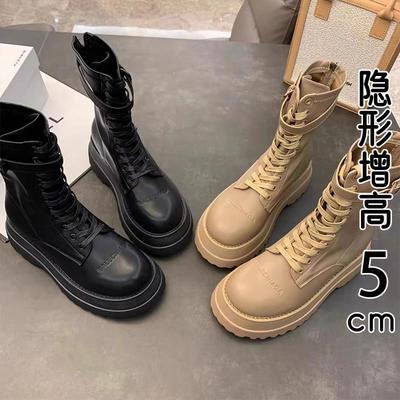 香港真皮厚底马丁靴女2025新款秋冬季加绒增高系带中筒瘦瘦短靴子