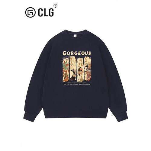 香港Clg时尚品牌设计男式圆领羊毛衬里秋冬新款休闲大码宽松长袖