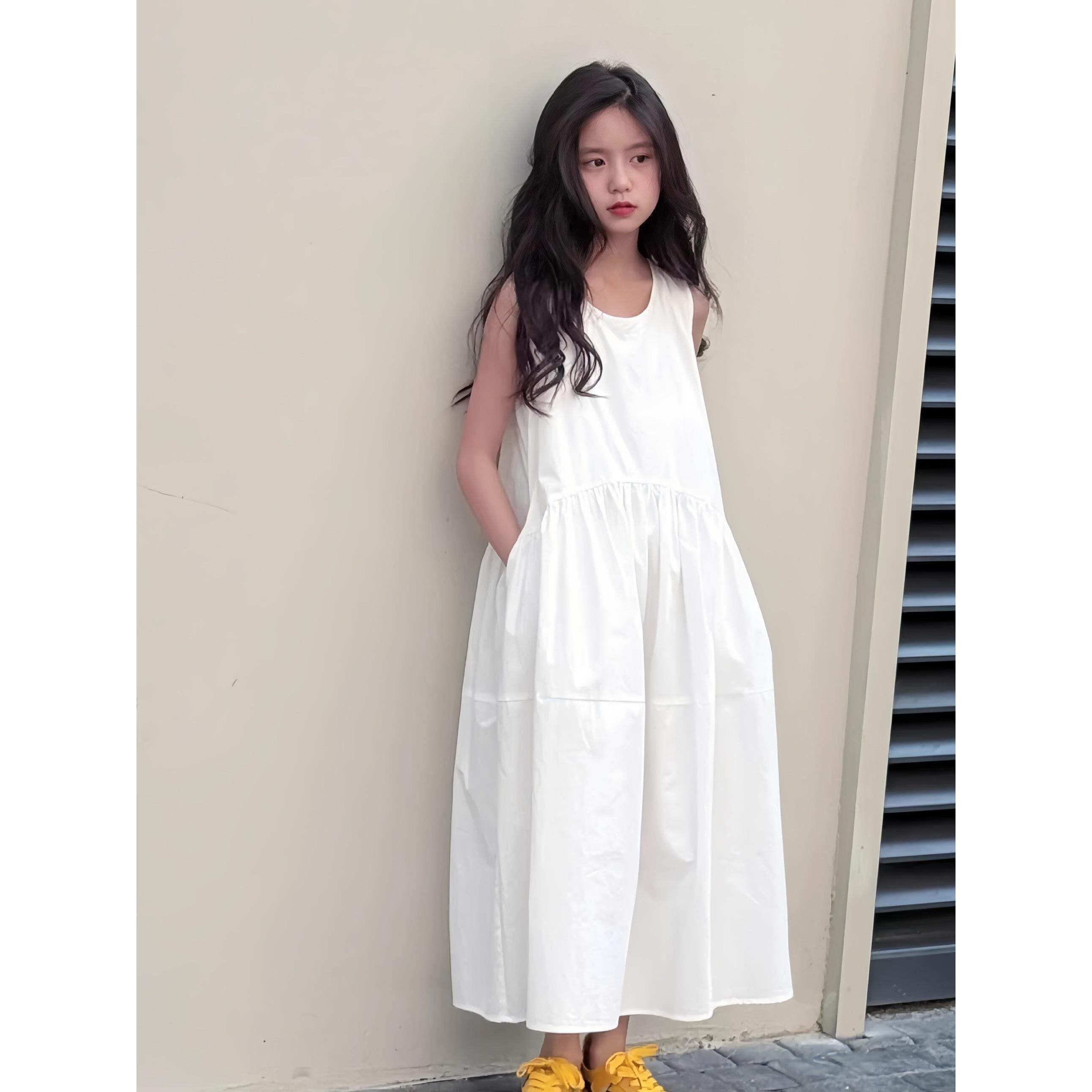 法国BADNUT女童棉布连衣裙夏季2026新款儿童洋气白色无袖背心裙子