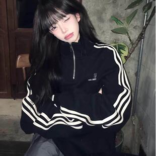 IT UNDER GARDEN 春季三条杠半拉链polo领纯棉卫衣女薄款宽松上衣