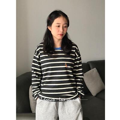 I.Tchooiate条纹圆领套头内搭长袖t恤女早秋新款慵懒风宽松打底
