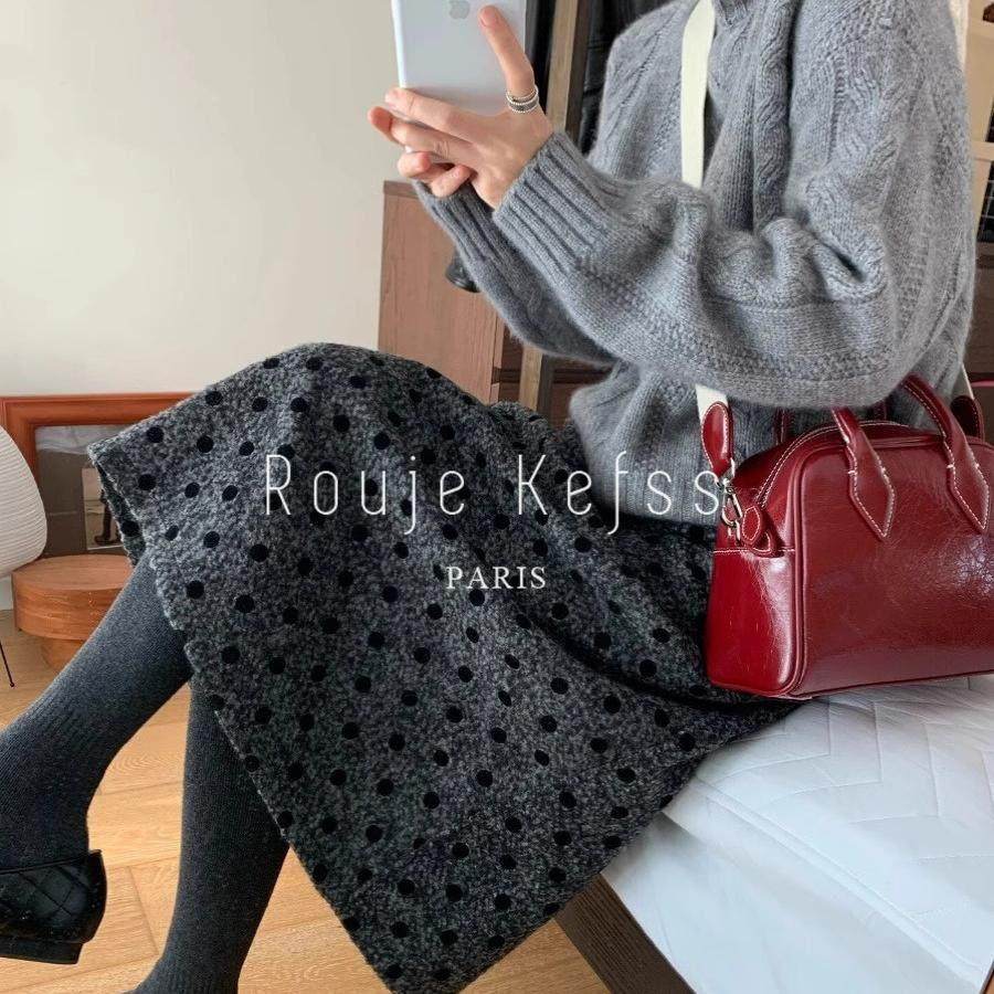 Rouje kefss法式复古植绒黑色波点半身裙女秋冬加厚羊毛呢a字长裙,女装/女士精品,大码半身裙,淘宝优惠券,粉丝福利购,淘宝优惠卷