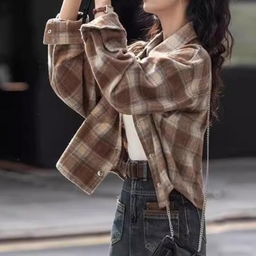 阿玛施正品商场同款美式磨毛格子2025春秋新款宽松慵懒短款衬衣女