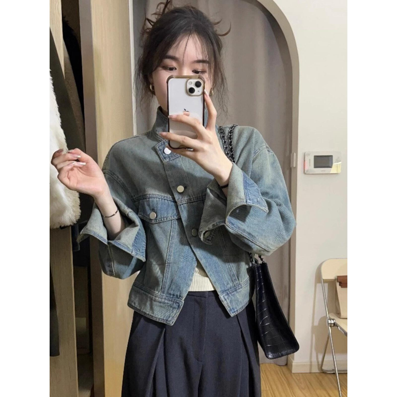 覆古做旧半高领牛仔外套女小个子春秋设计感宽松短款休闲夹克上衣