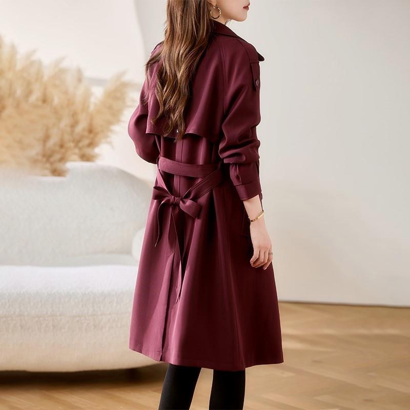 酒红色风衣女中长款春秋季新款气质修身显瘦中长款英伦风大衣外套