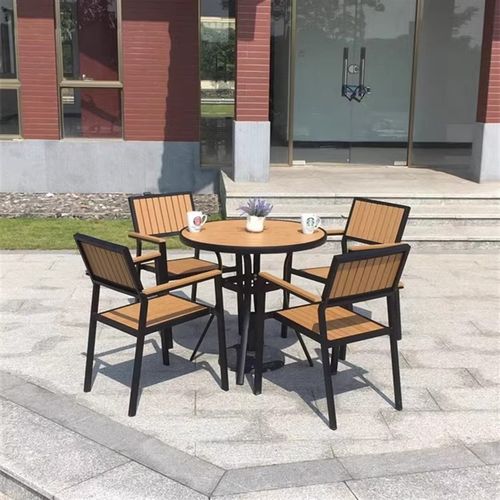 庭院休闲露天桌椅户外防水防腐木三件套组合室外茶桌简约黑色圆桌