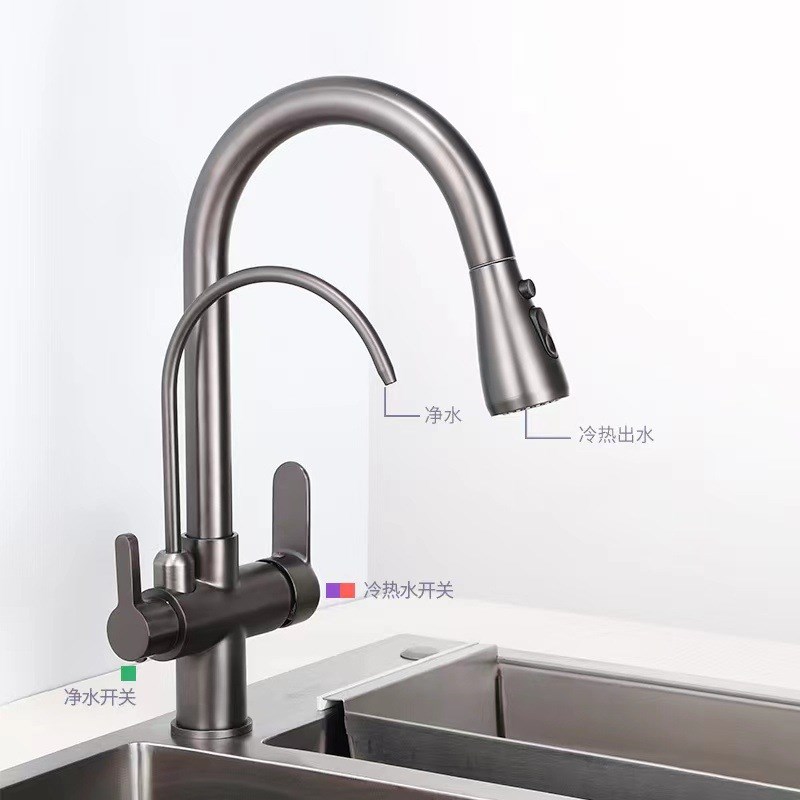 厨房水龙头全铜三合一冷热洗菜盆抽拉净水器机水槽家用伸缩龙头
