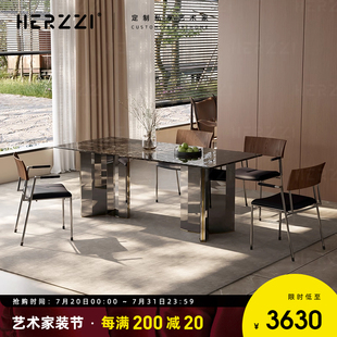 HERZZI进口天然奢石铂金钻餐桌长方形轻奢饭桌大理石家用可定制