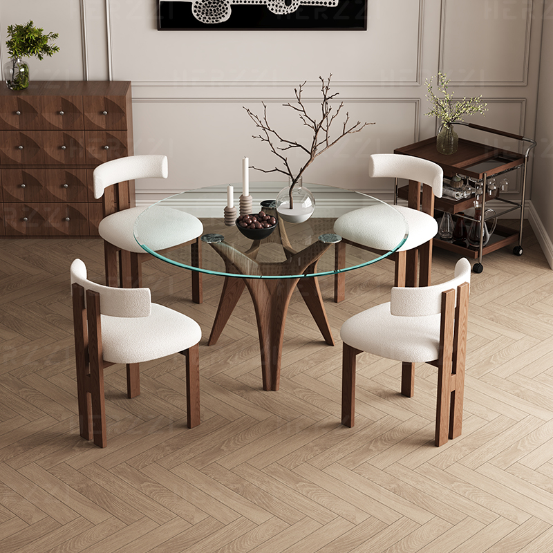 HERZZI设计师实木钢化玻璃圆桌现代小户型吃饭桌子家用圆形餐桌
