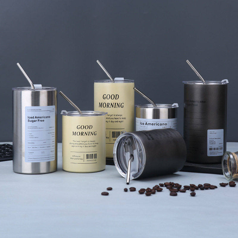 跨境冰美式透明翻盖咖啡杯便携真空带吸管保温杯户外车载随手杯