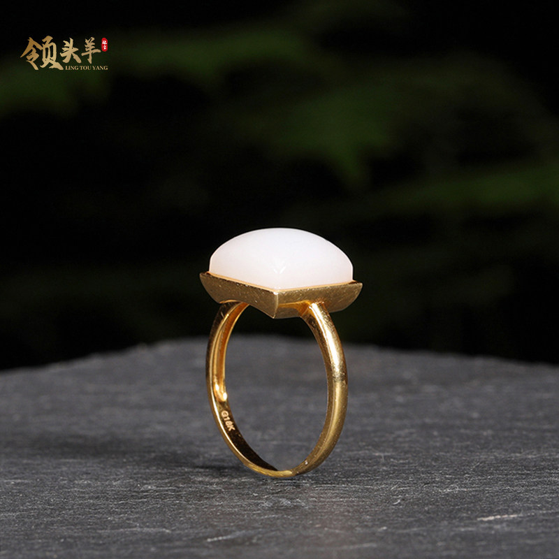 方糖戒指 精品18k金镶玉戒指天然老料和田玉羊脂白玉男女玉戒指环