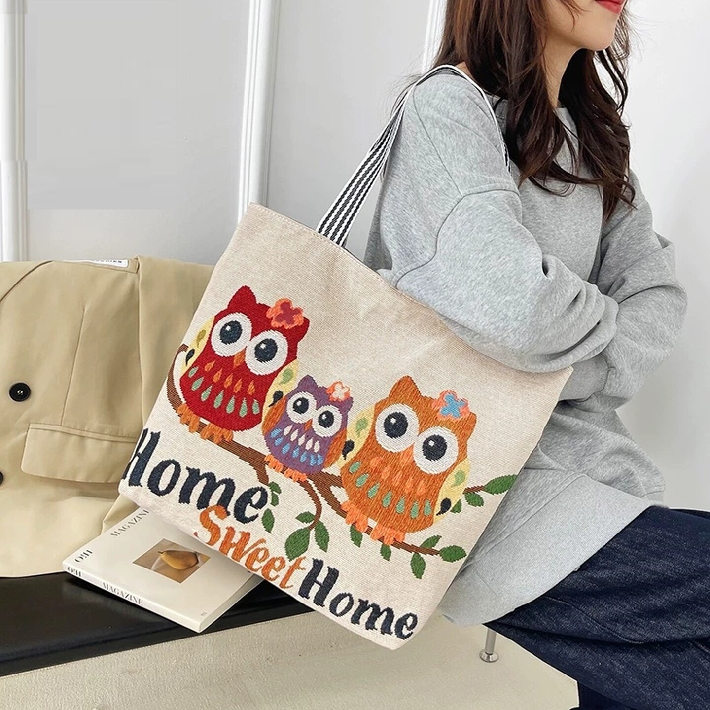 布兜带拉链帆布包加厚学生包单肩手提民族百搭休闲猫头鹰耐磨轻便