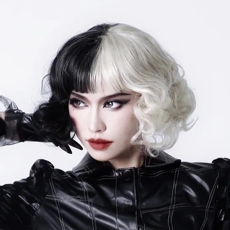 亚马逊黑白魔女库伊拉COS假发带货欧美女短卷全头套现货卷发片