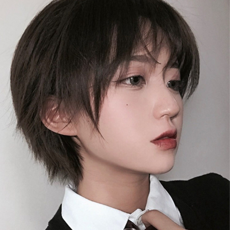 假发男女短发齐刘海帅气学生短伪男装网红化纤全头套直发片高温丝