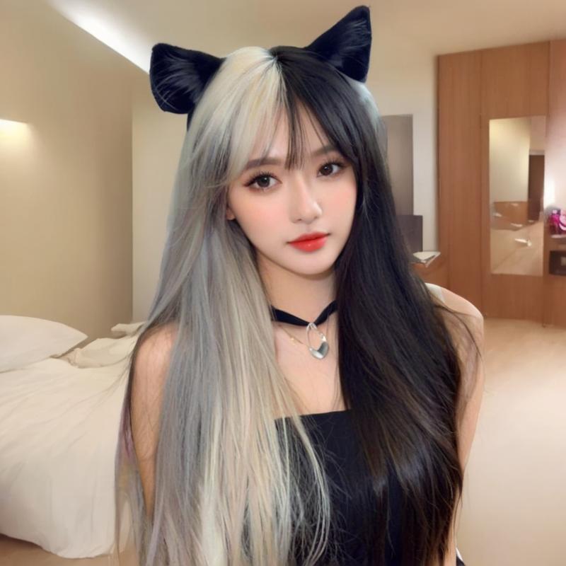 快手货源假发女空气刘海长黑灰