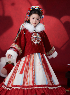 十三余童装[洛桑]国风新款套装冬季汉服女童刺绣外套连衣裙两件套