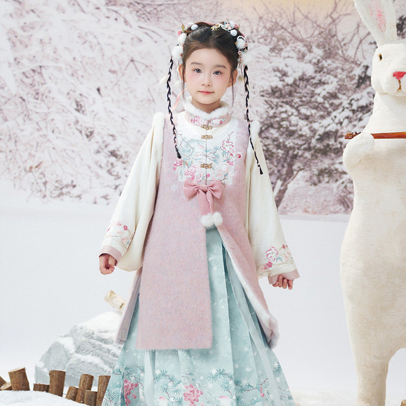 十三余童装[松山煮雪]国风汉服女童秋冬套装刺绣上衣裙子两件套