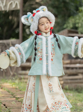 十三余童装[琉璃宝狮]国风汉服女童冬季新中式刺绣加绒马面裙套装
