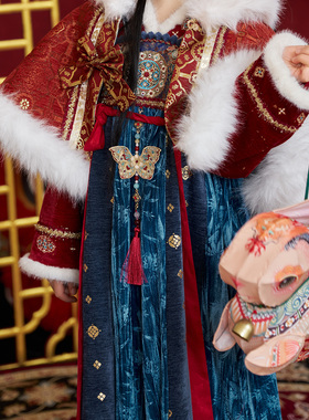 十三余童装【宝钿青黛】国风保暖红色斗篷女套装蝴蝶串珠流苏配饰