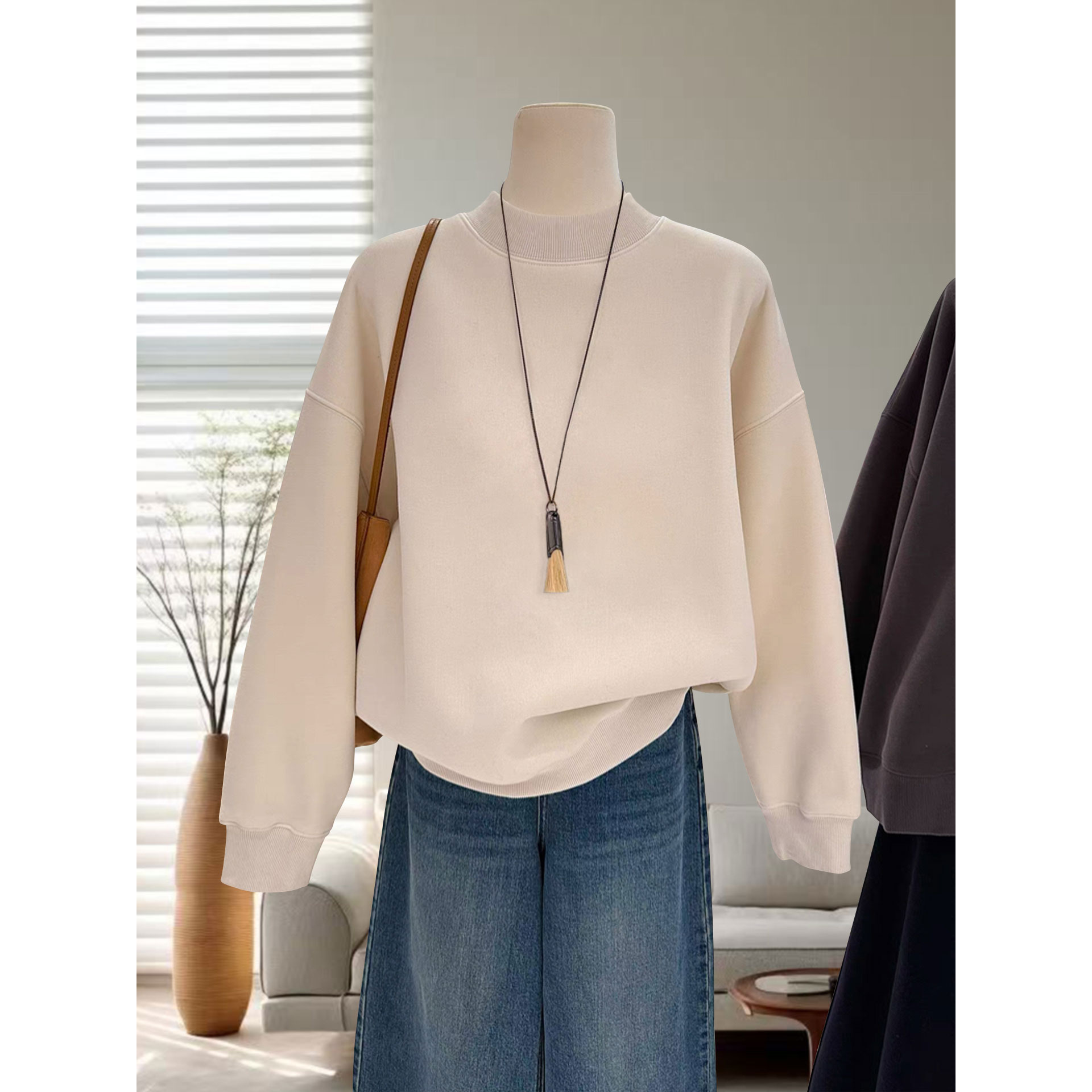 纯色半高领卫衣女加绒中长款