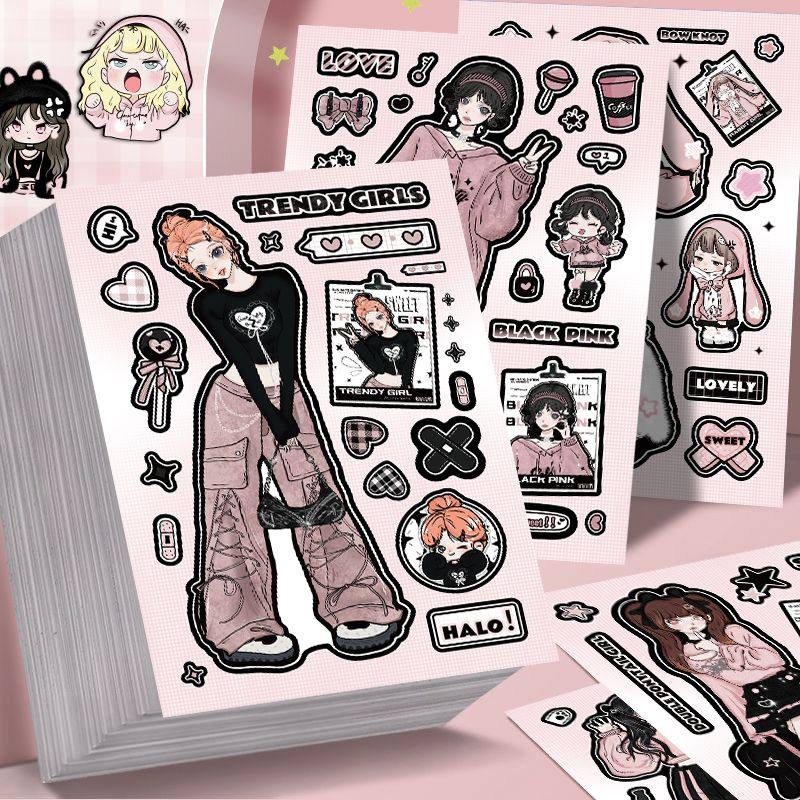 8张原创黑粉少女咕卡贴纸ins风甜妹女孩可爱卡通手账防水贴画diy