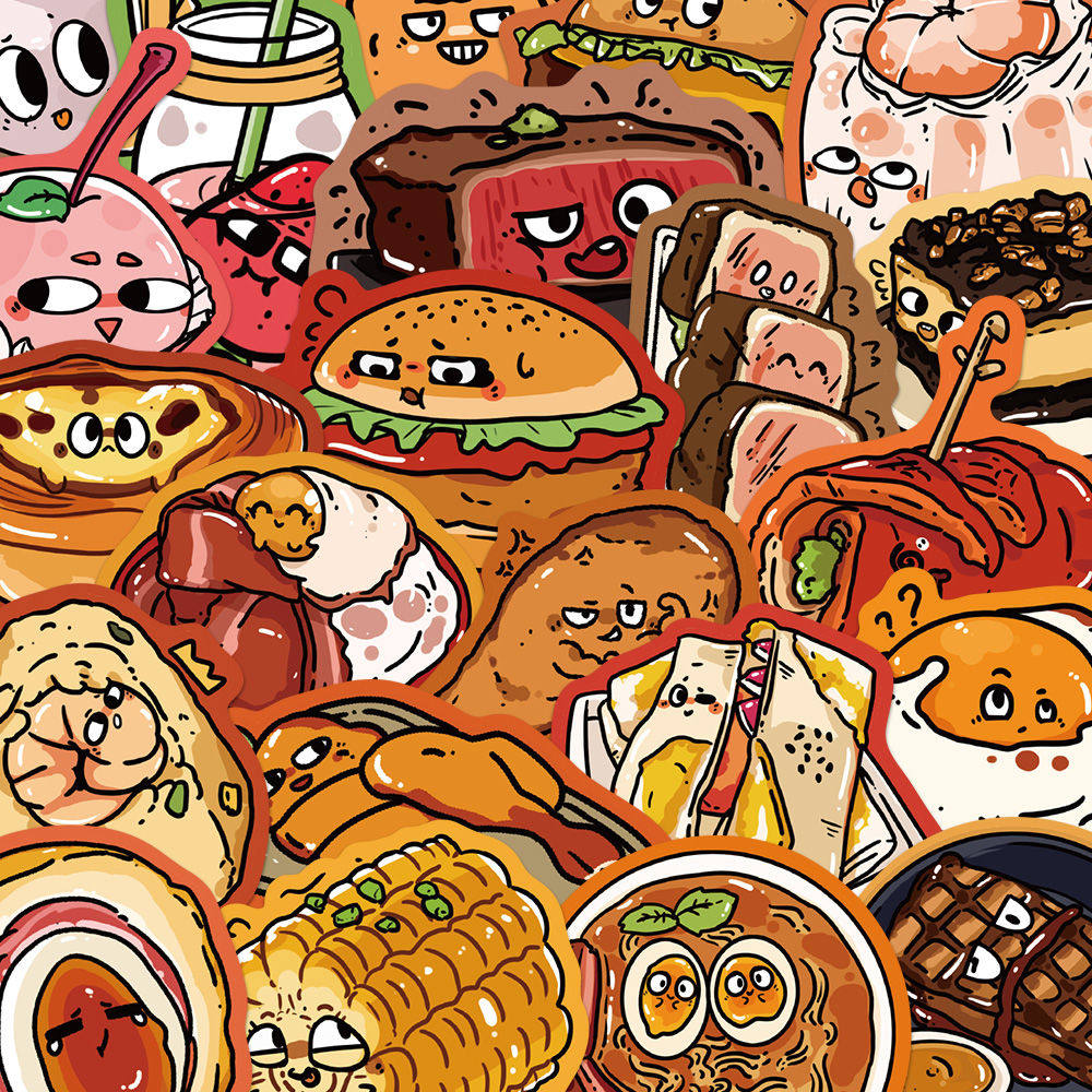 62张原创美食贴纸卡通可爱创意手账手机壳笔记本装饰防水贴画diy