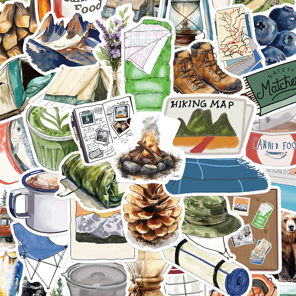 100张野营剪贴画贴纸趣味手绘ins风装饰手账桌面手机壳笔记本