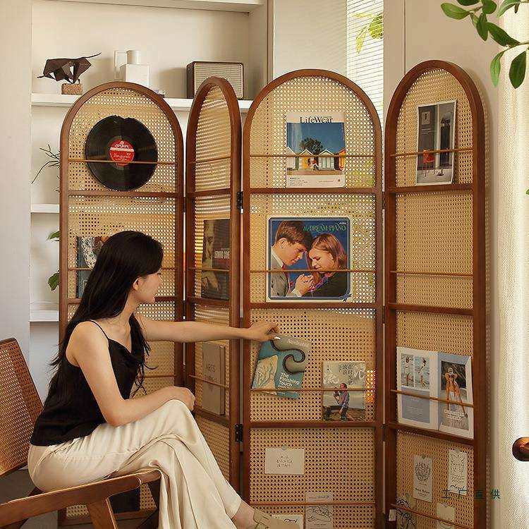 中复古移动藤编折叠屏风客厅卧室玄关入户正对门法式隔断置物书架
