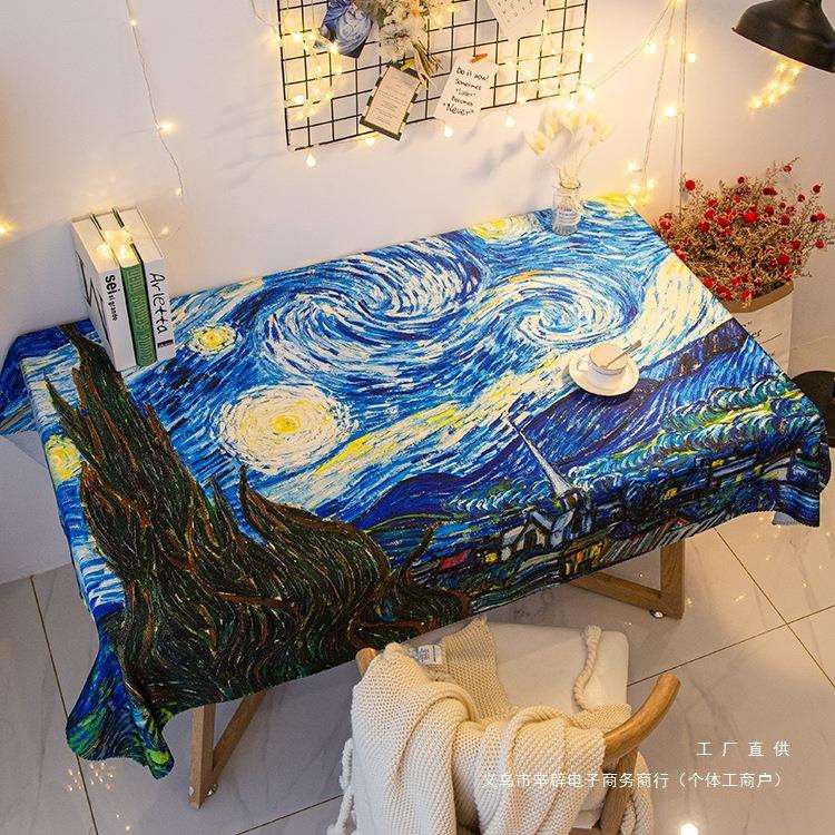 梵高绘画艺术桌布油画美术画室教室桌垫名画星月夜茶几防水台布用
