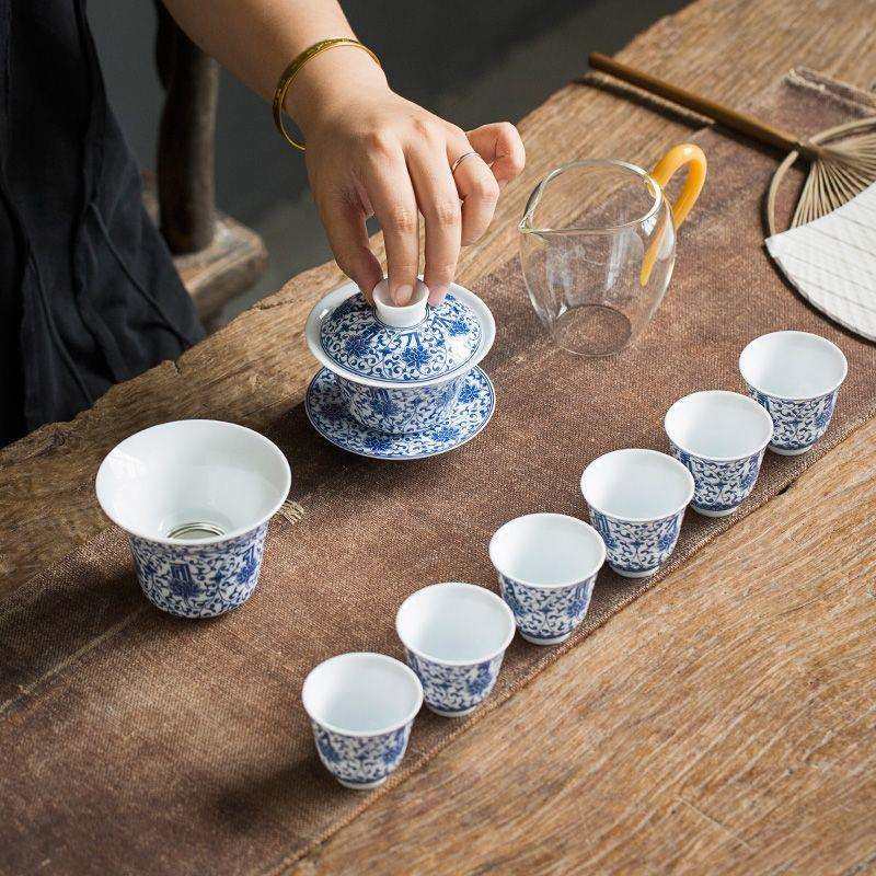德化甜白青花瓷三才盖碗茶具套装家用茶杯杯子陶瓷泡茶碗办公室