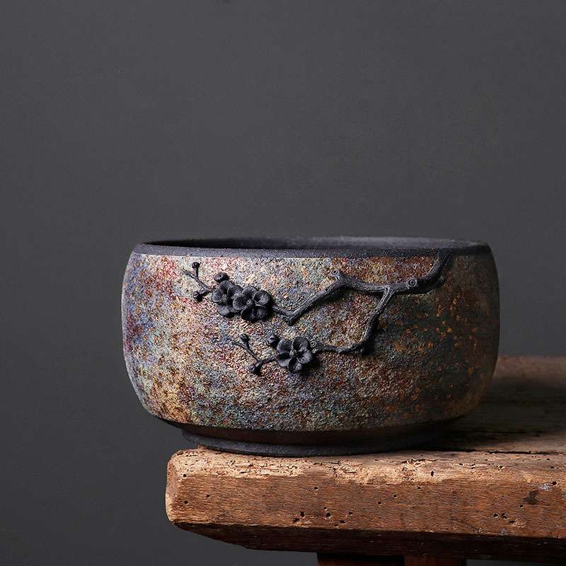 纯手工岩矿茶洗缸 复古粗陶大号茶盂水盂笔洗茶渣缸建水茶具配件