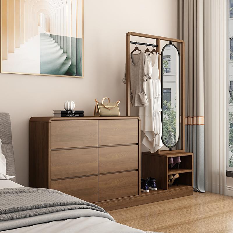 床尾收纳柜卧室斗柜挂衣架一体靠墙储物柜旋转穿衣镜实木框六斗柜
