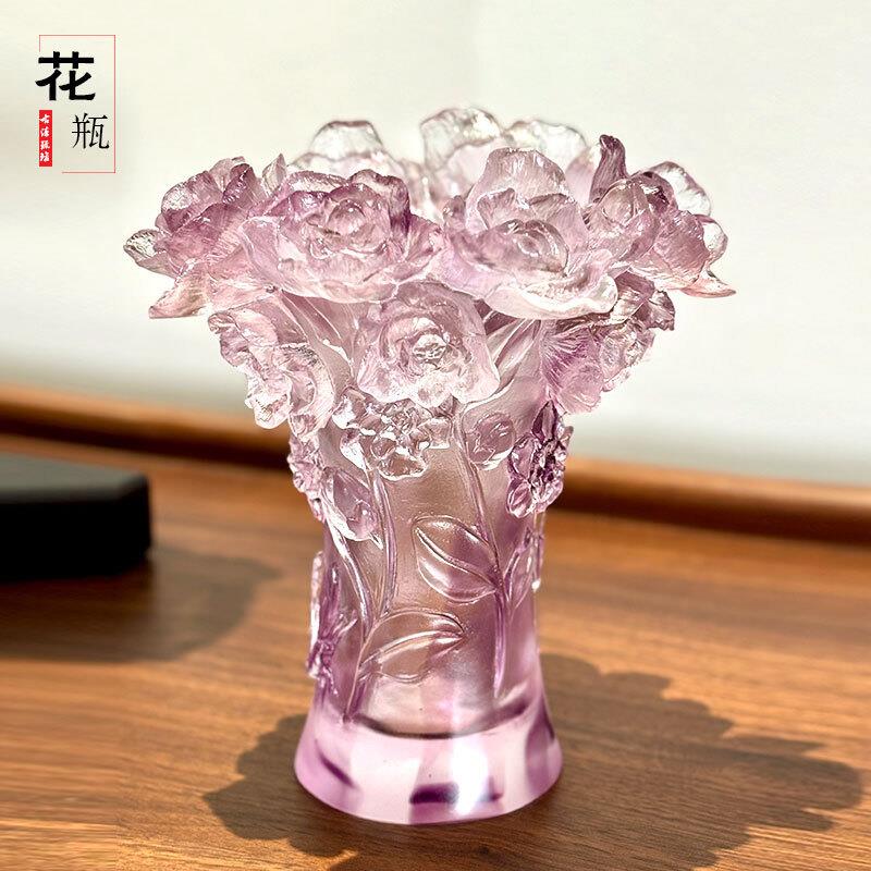 山茶花琉璃花瓶轻奢摆件居家客厅前台桌面书房摆放用品装饰插花