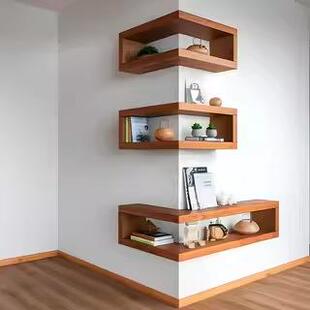 墙角转角置物架客厅卧室墙面收纳架实木几何方框创意墙上置物架