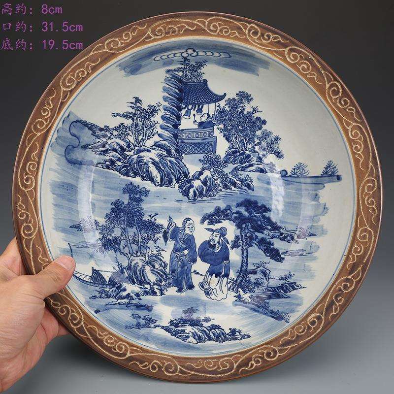 晚清青花山水人物纹罗汉碗仿古瓷器古董古玩手工做旧老物件摆件