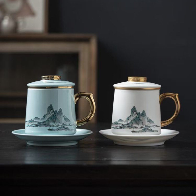 锦绣江山羊脂玉描金茶水分离泡茶杯大容量四件套带把办公室个人杯