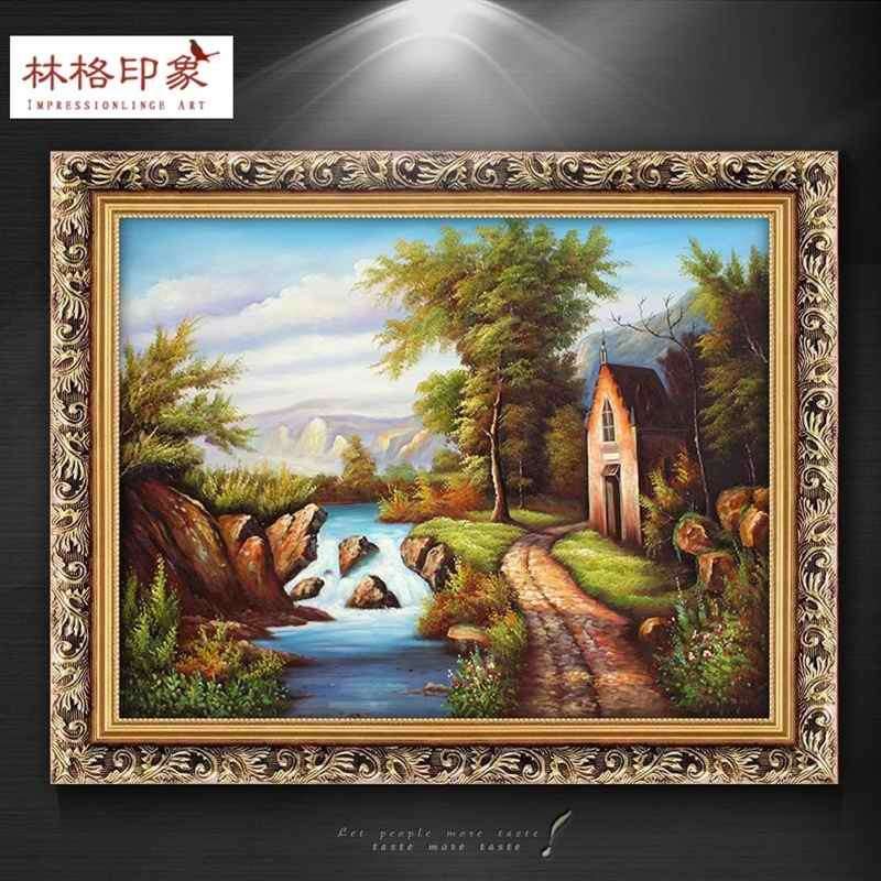 山水风景装饰画单幅画餐厅壁画仿油画走廊玄关挂画卧室墙画有框画