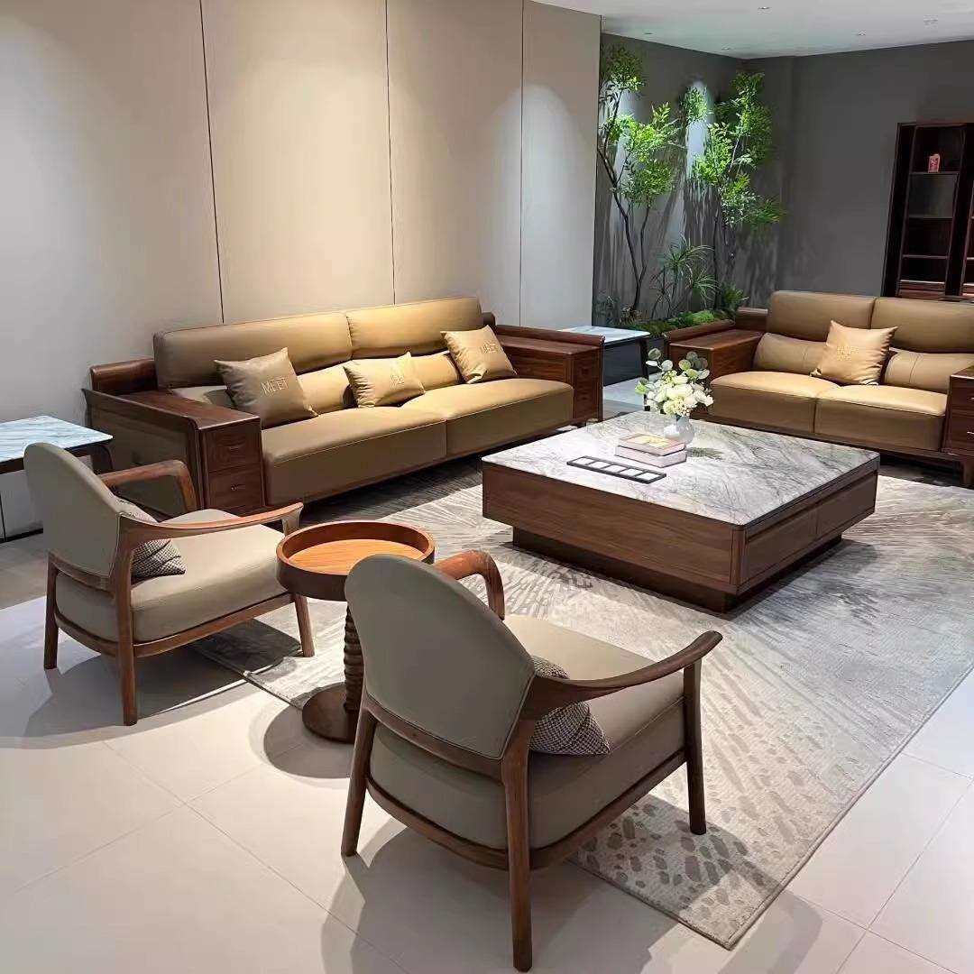 新中式黑胡桃木意式极简实木沙发组合别墅大平层现代简约客厅家具